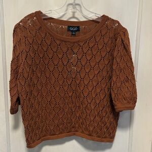 GiGiO Hazelnut Brown Knit Crochet Pleated Short Sleeve Sweater Large